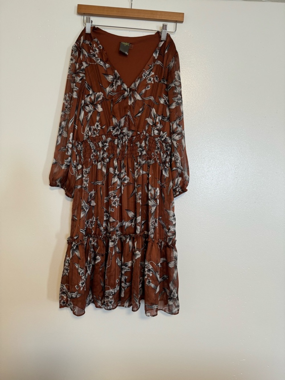 Taylor Brown Floral Long Sleeve Tiered Midi Dress